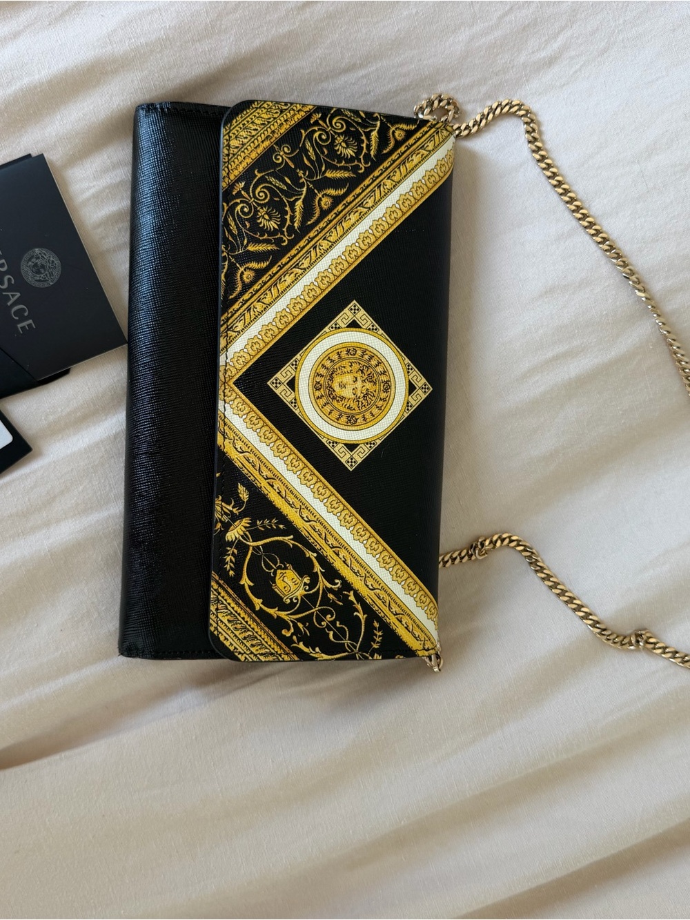 Versace Black and Gold Baroque Chain Clutch